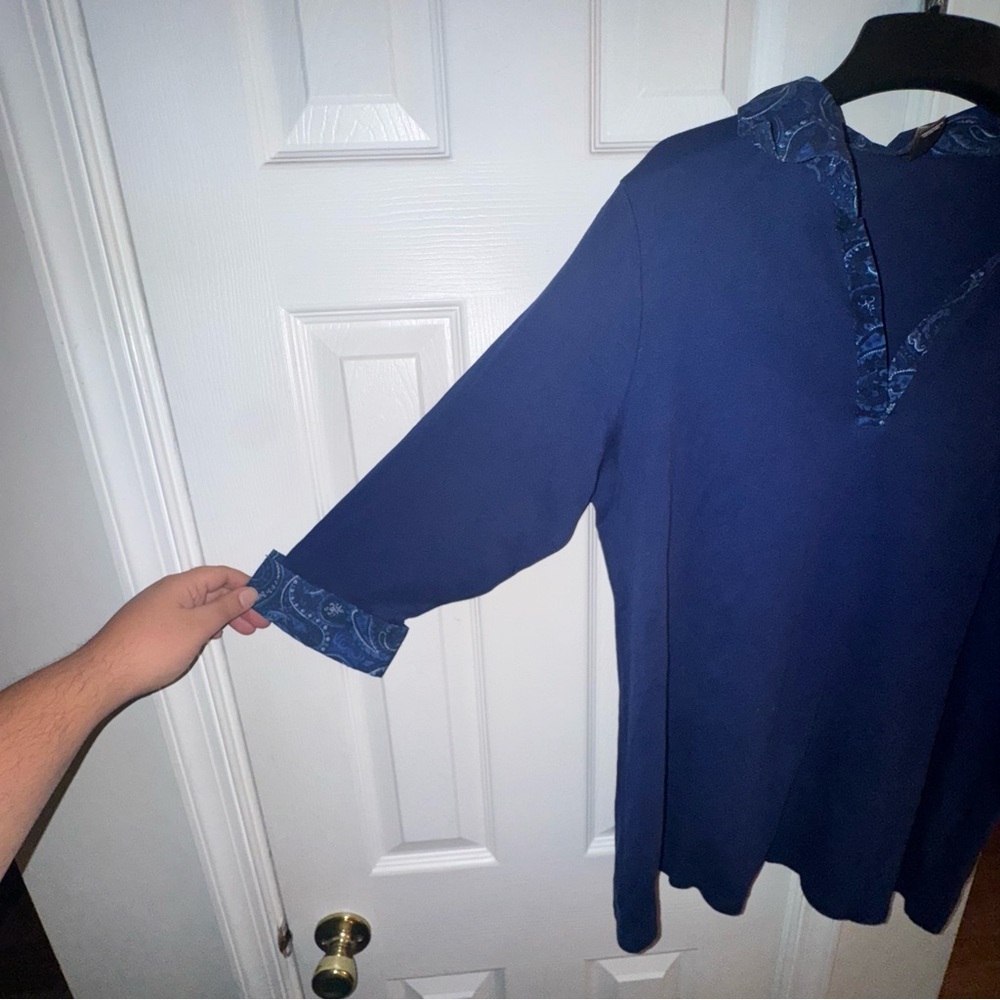 White Stag 1X 16W Blue Knit Top Printed Woven Collar 3/4 Sleeve Plus Size Boho - Picture 4 of 6